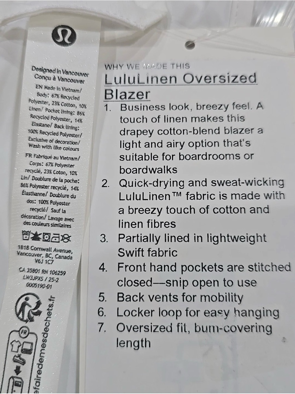 NWT SOLD OUT Lululemon LuluLinen Oversized Blazer – White – $198 Retail - Picture 4 of 4